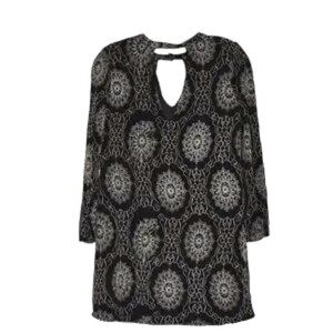 Altar'd State Long Sleeve Boho Thread Stitch Black Print Shirt Mini Dres…